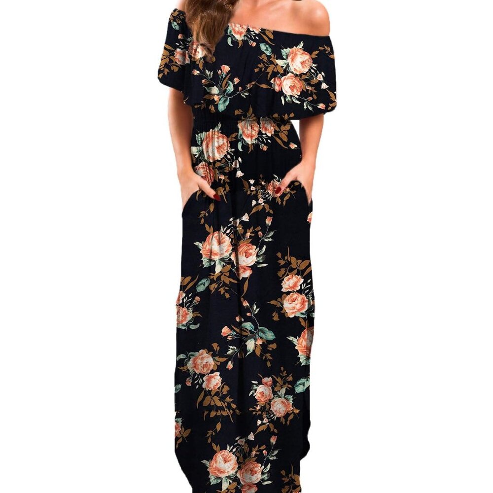 VERABENDI Women's Off Shoulder Casual Long Ruffle Beach Maxi Dress with Pockets